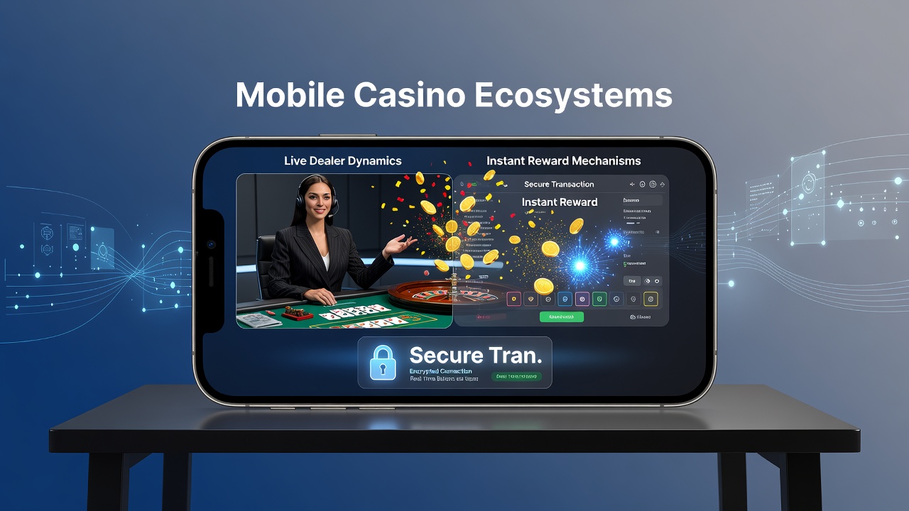 Secure transaction flow diagram overlaid on a mobile live dealer game screen with reward indicators