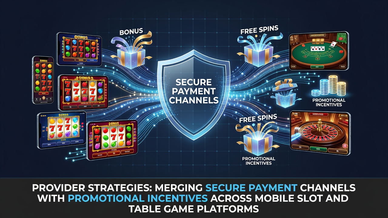 Mobile gaming interface showing secure payment integration with promotional bonuses on slot and table game screens