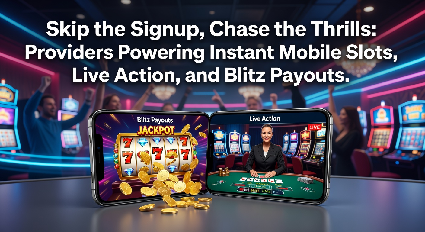 Vibrant mobile slot game interface displaying instant play features with colorful reels spinning on a smartphone screen, highlighting no-registration access and quick payouts