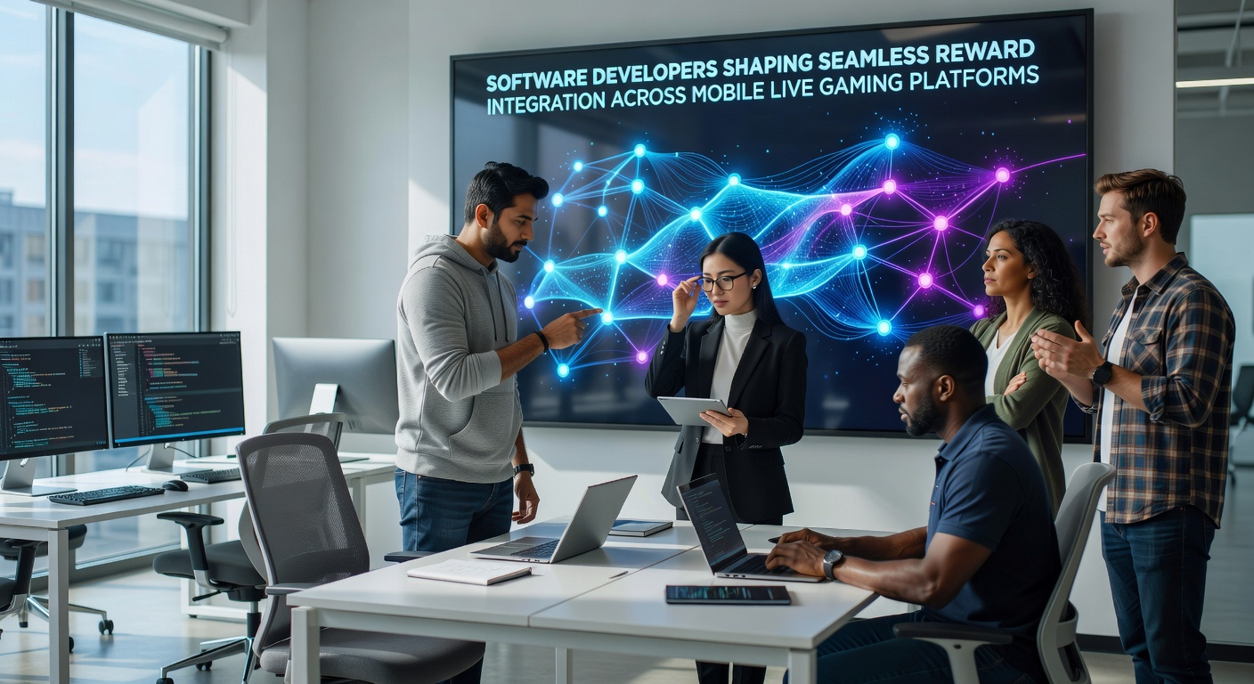 Software development teams collaborating on reward integration systems for mobile live gaming platforms