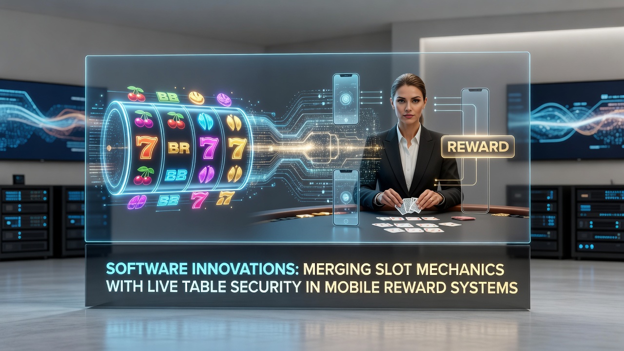 Mobile app interface displaying integrated slot reel mechanics alongside secure live table interfaces with reward tracking overlays