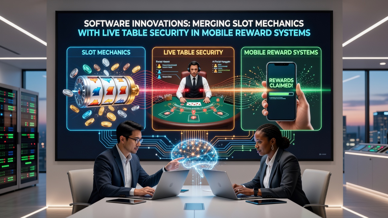 Secure mobile dashboard illustrating reward points flowing from slot mechanics into verified live table sessions with encryption indicators