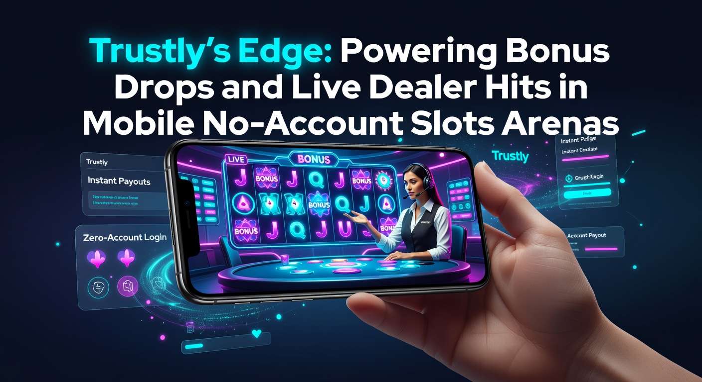 Illustration of a mobile phone screen displaying vibrant slot reels with bonus drops and Trustly payment integration in a no-account casino environment
